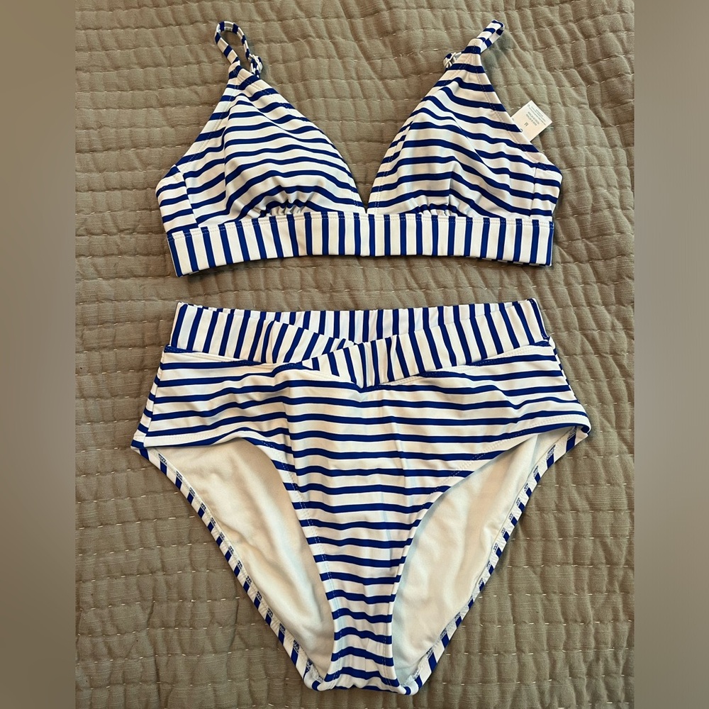 Blue and white stripe Kona Sol high waisted bikini- medium